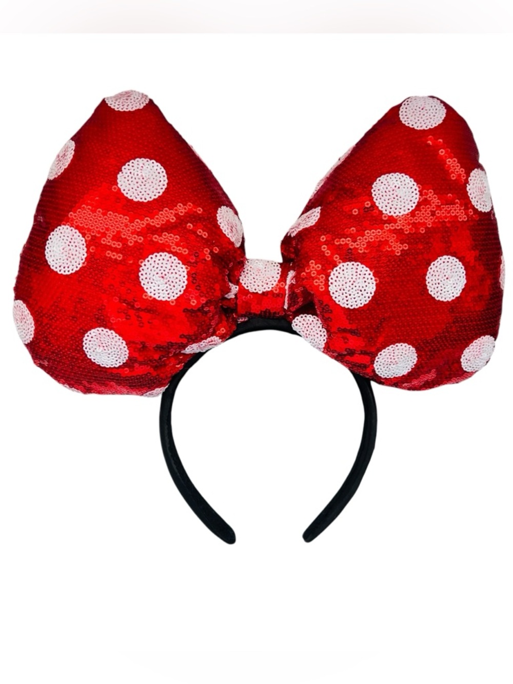Disney Parks Red White Sequin Polka Dot Oversized Minnie Bow Ears Headbad
